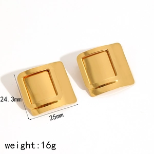 Polished 18k gold plated stainless steel square buckle earrings for women, 25mm size