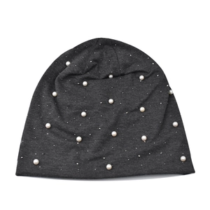 Grey knit beanie for women featuring artificial pearls and rhinestones on white background