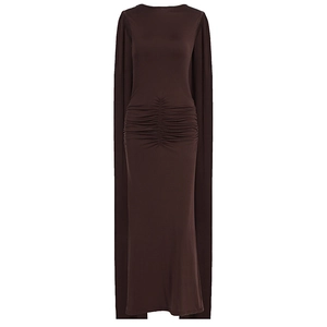 Detail of dark brown long-sleeve dress featuring ruched waist and elegant cape design