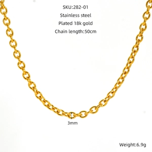 Detail view of 18k gold plated stainless steel sweater chain with size and weight specs