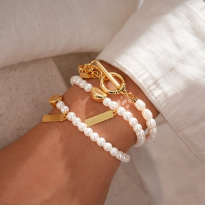 Three-layer 18k gold plated bracelet with pearls, OT toggle clasp, and heart charm