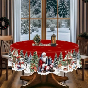Detailed close-up of a festive red Christmas round tablecloth with Santa Claus patterns