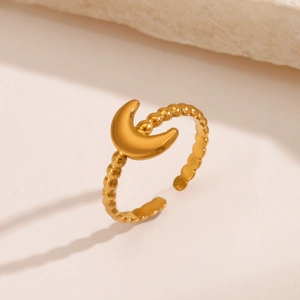 18K gold plated stainless steel crescent moon open ring with beaded texture design