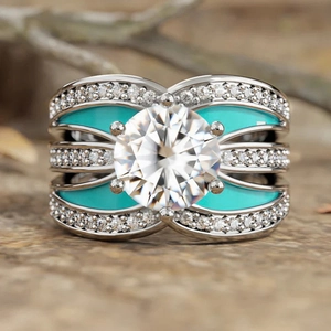 Luxury Wide Band Ring Women Round Cubic Zirconia Copper Enamel Six Claw Setting Fashion Jewelry
