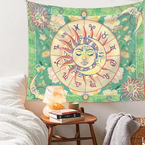 Detailed view of sun and moon zodiac tapestry hanging in a cozy bedroom setting
