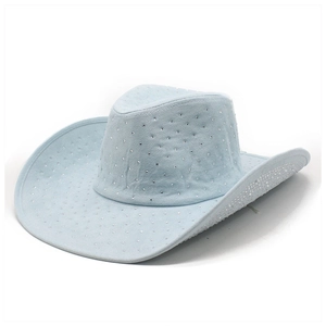 Detail of light blue faux suede cowboy hat with sparkling rhinestone studs on brim