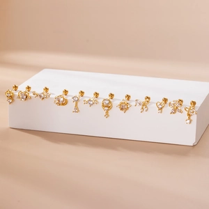 Set of 12 gold stainless steel stud earrings with crystal hearts stars and moons