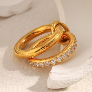 18K gold plated double layer stainless steel ring with zircon stones in luxury style