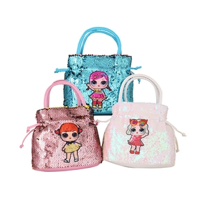 Three-piece sequin handbag set for girls with cute cartoon characters in blue, pink, and white