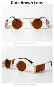 Macro detail of punk style round sunglasses with dark brown lenses and gold metal frame