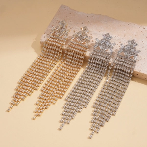 Elegant geometric rhombus tassel earrings with sparkling zircons in gold and silver finish