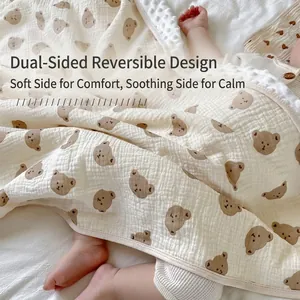Double-sided cotton baby blanket with cartoon bear print and soft minky dot reverse