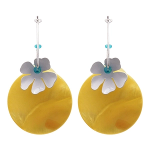Colorful floral drop earrings with yellow shell disc and blue bead for beach vacation