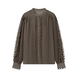 Women's taupe long sleeve shirt with lace trim and stand collar on white background