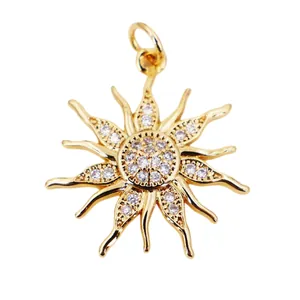 Detailed view of sun flower pendant with 18K gold plating and micro-set cubic zirconia