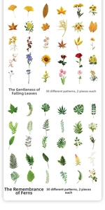 Macro view of vintage botanical sticker collection featuring 60 pieces of plants and flowers