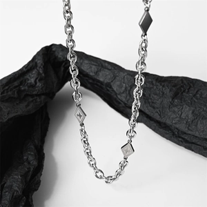 Close-up of titanium steel cuban link chain featuring star and cross pendant charms