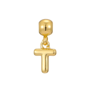 Detailed close-up of a high-polished gold letter T bubble pendant with a large bail