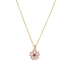 Minimalist gold necklace with pink cherry blossom pendant and red gemstone center detail