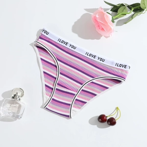 Flat lay of cotton striped low waist panties with I LOVE YOU waistband and floral accents