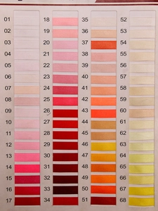 Detailed color chart showing 68 shades of 3mm double-sided satin ribbons with ID numbers