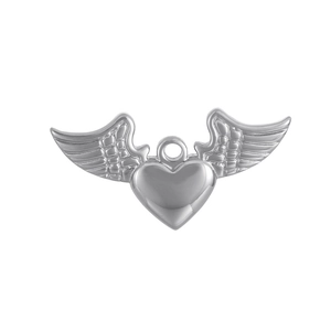 Polished silver stainless steel angel wing heart pendant necklace on white background
