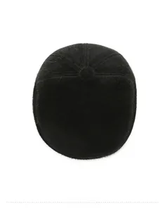 Top view of a black faux fur flat cap for men with soft and thick thermal texture