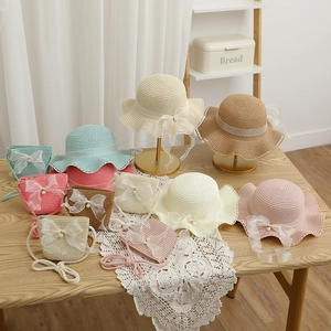 Straw Hat And Matching Bag Wavy Brim Sun Protection Bow Artificial Pearl Summer Beach Accessories For Kids Women