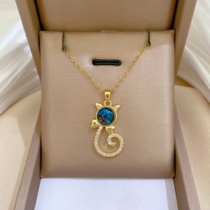 Cat Pendant Necklace Gold Plated Stainless Steel Chain Copper Blue Starry Stone White Zircon Elegant Jewelry For Women