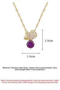Detail of titanium steel necklace with purple crystal and zirconia butterfly pendant