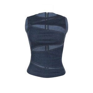 Sexy dark blue denim tank top for women with hollow-out design and back zipper closure