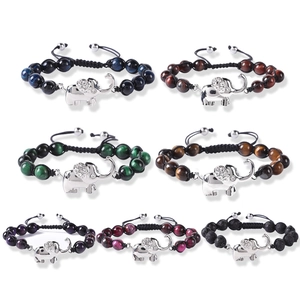 Natural Stone Elephant Charm Braided Bracelet For Men Women Adjustable Beaded Hand Woven Tiger Eye Lava Rock Jewelry Gift