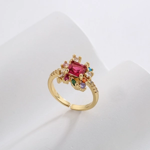 18K gold-plated open ring featuring a square red stone with colorful gemstone clusters