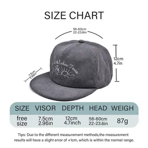 Size chart detail for the cactus embroidered corduroy flat brim baseball cap