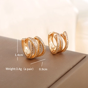 Detailed view of gold plated multi-layer hoop earrings with micro zircon inlays and dimensions