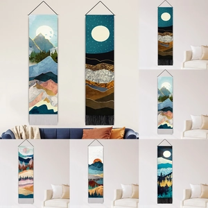 Abstract Landscape Tapestry Hanging Scroll Cotton Linen Wall Decor Nordic Mountain Sun Moon Tassels