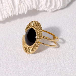 Retro 18K gold plated stainless steel geometric ring with oval black stone inlay