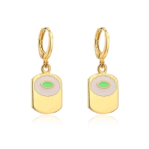 Detail of 18K gold plated hoop earring with pink cloud and green eye geometric pendant