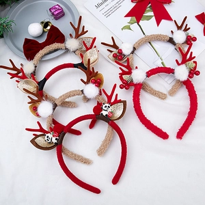 Plush Christmas reindeer antler headbands with red berries and golden leaves ornaments