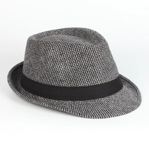 Detail of grey tweed fedora hat featuring classic black ribbon and textured wool finish