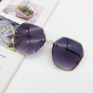 Chic polygonal rimless sunglasses with purple gradient lenses and slim gold metal frame