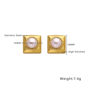 Detail of square stainless steel gold earrings with center pearl showing 16mm size and weight