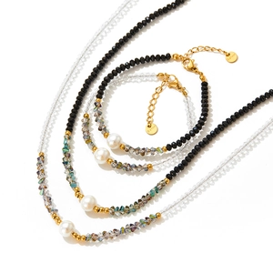 Black spinel and pearl beaded necklace and bracelet jewelry set in stainless steel