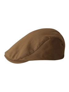 Classic British style newsboy cap in brown textured fabric shown from a side view