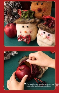 Detailed view of plush Christmas gift bag showing apple and candy storage capacity