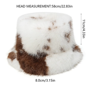 Detailed cow print faux fur bucket hat view with 58cm head circumference measurements