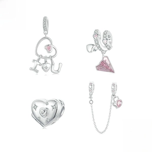 925 sterling silver pink heart charms and safety chain set for DIY bracelets