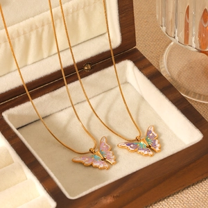 French style gold butterfly pendant necklaces in enamel finish on snake chains