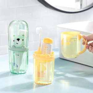 Portable light green travel toothbrush storage case with bear lid and gargle cup set