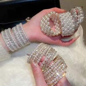 Multi-layer Imitation Artificial Pearl Rhinestone Open Bangle Bracelet Spiral Wrap Fashion Elegant Jewelry Accessory For Women